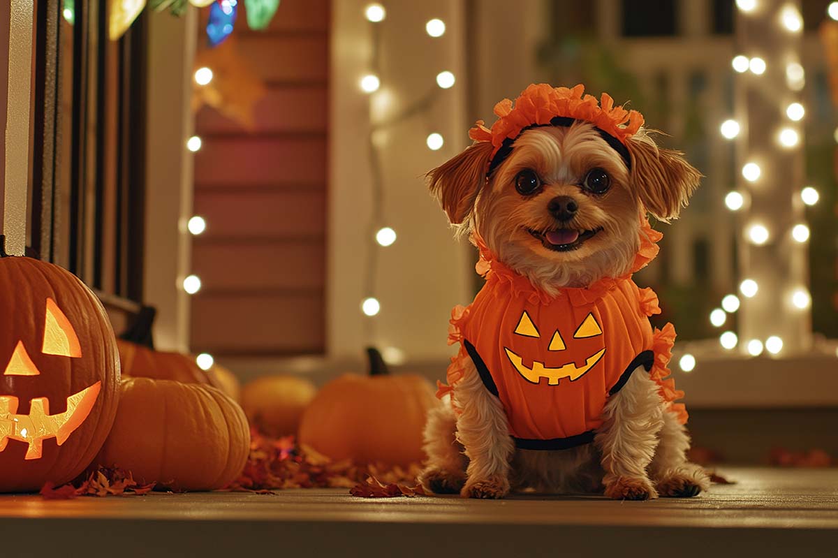 A puppy in a Christmas costume