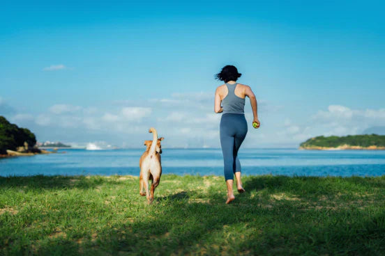 Scene of a woman and her dog running along the scenic seaside