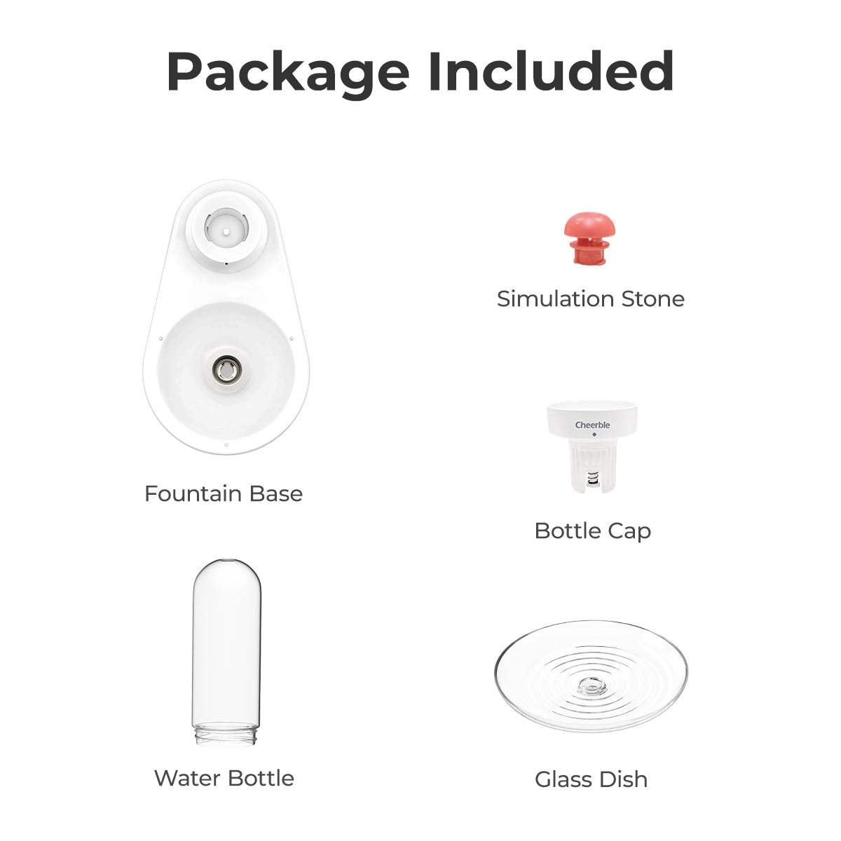 KittySpring Waterer Components: fountain base, water bottle, glass dish, etc.