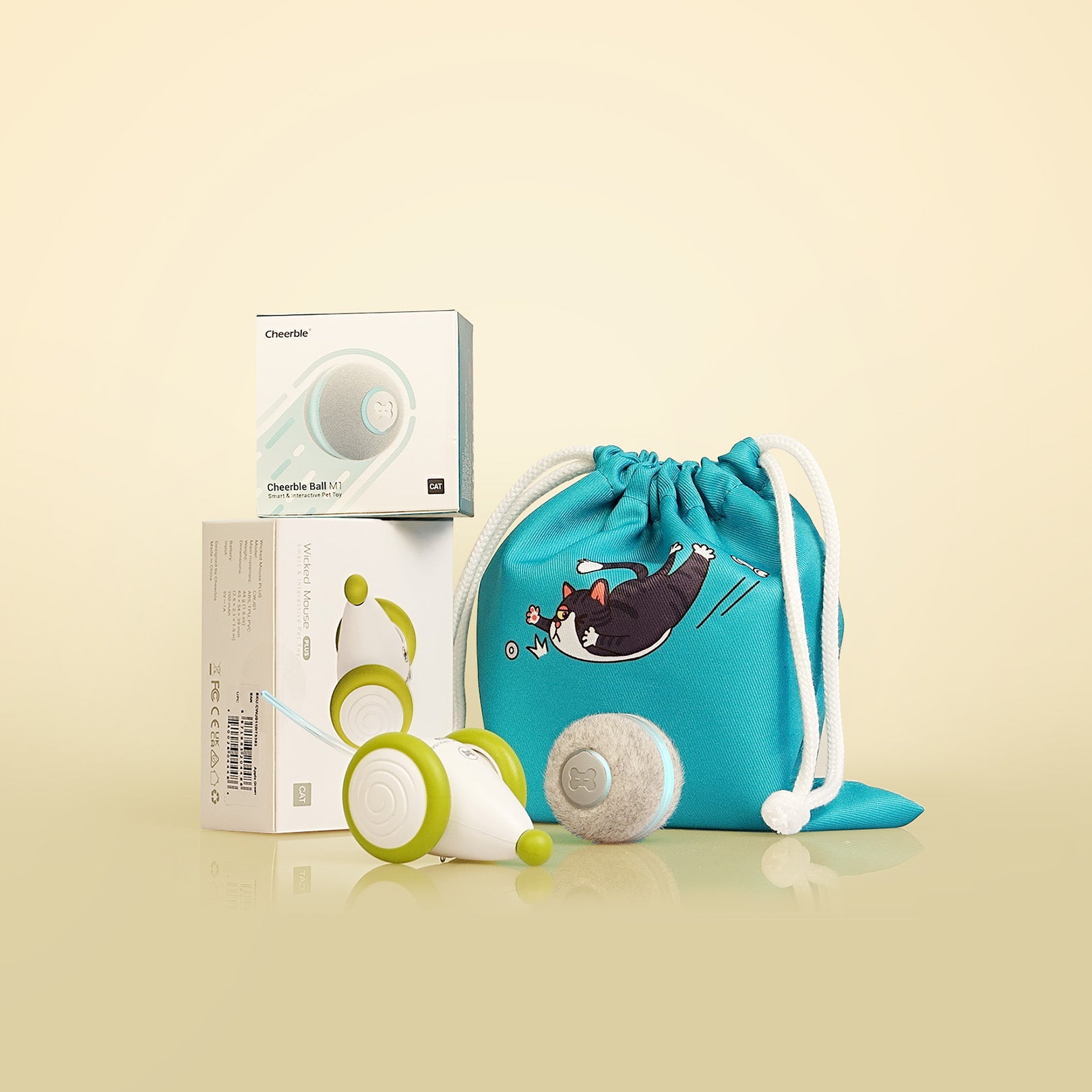 Giveback Bundle: Interactive pet toys and cat-themed drawstring bag