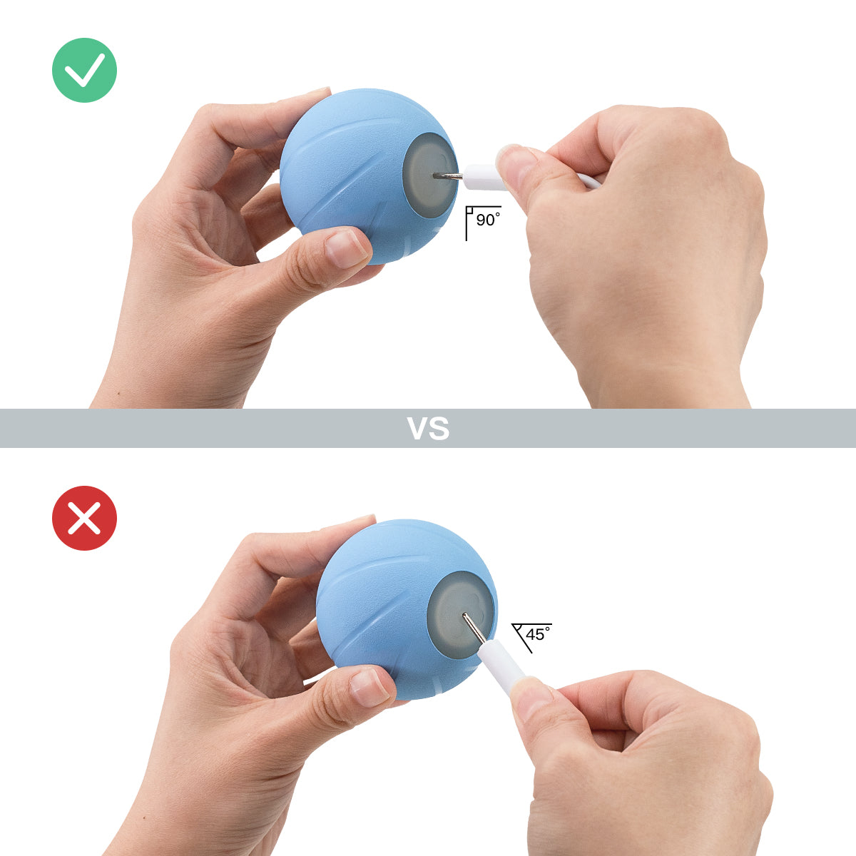 Cheerble Wicked Ball DC Cable Insertion Guide: Correct vs. Incorrect Angle