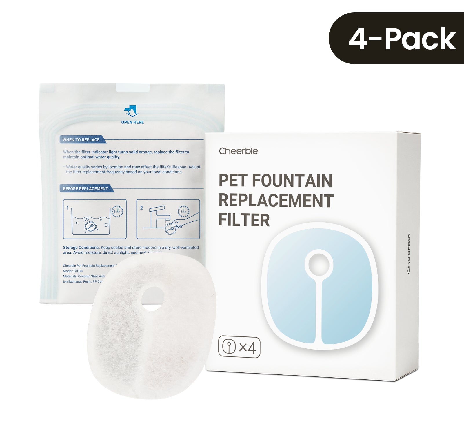 Cheerble Pet Fountain Replacement Filters for E1+ & D1 Pro_4pcs