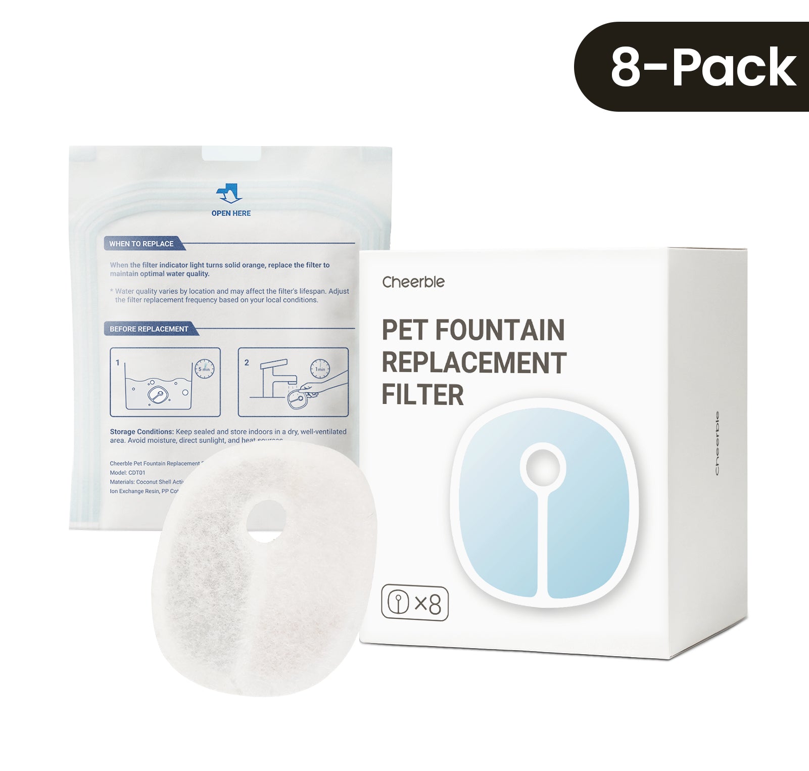 Cheerble Pet Fountain Replacement Filters for E1+ & D1 Pro_8pcs