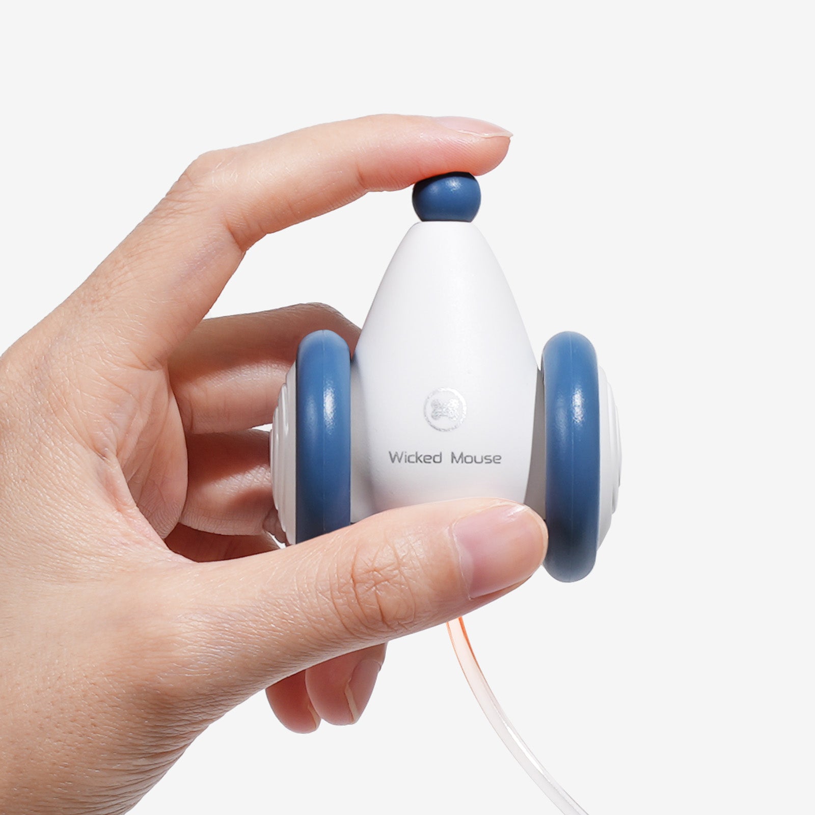 Hand holding Wicked Mouse interactive cat toy
