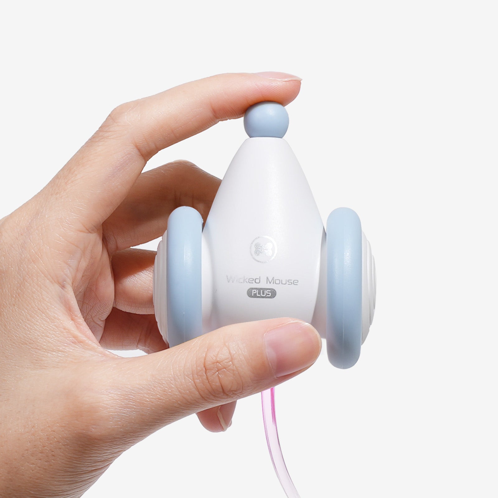 Hand holding Wicked Mouse PLUS cat toy, Cheerble product.