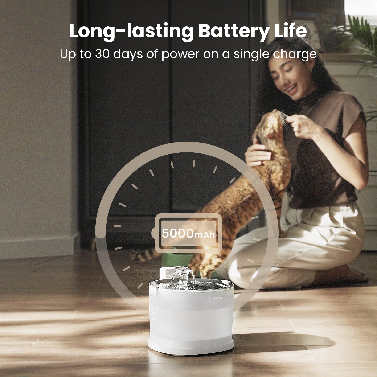 Cheerble Pet Fountain Elfin E1+ - Long-lasting Battery Life