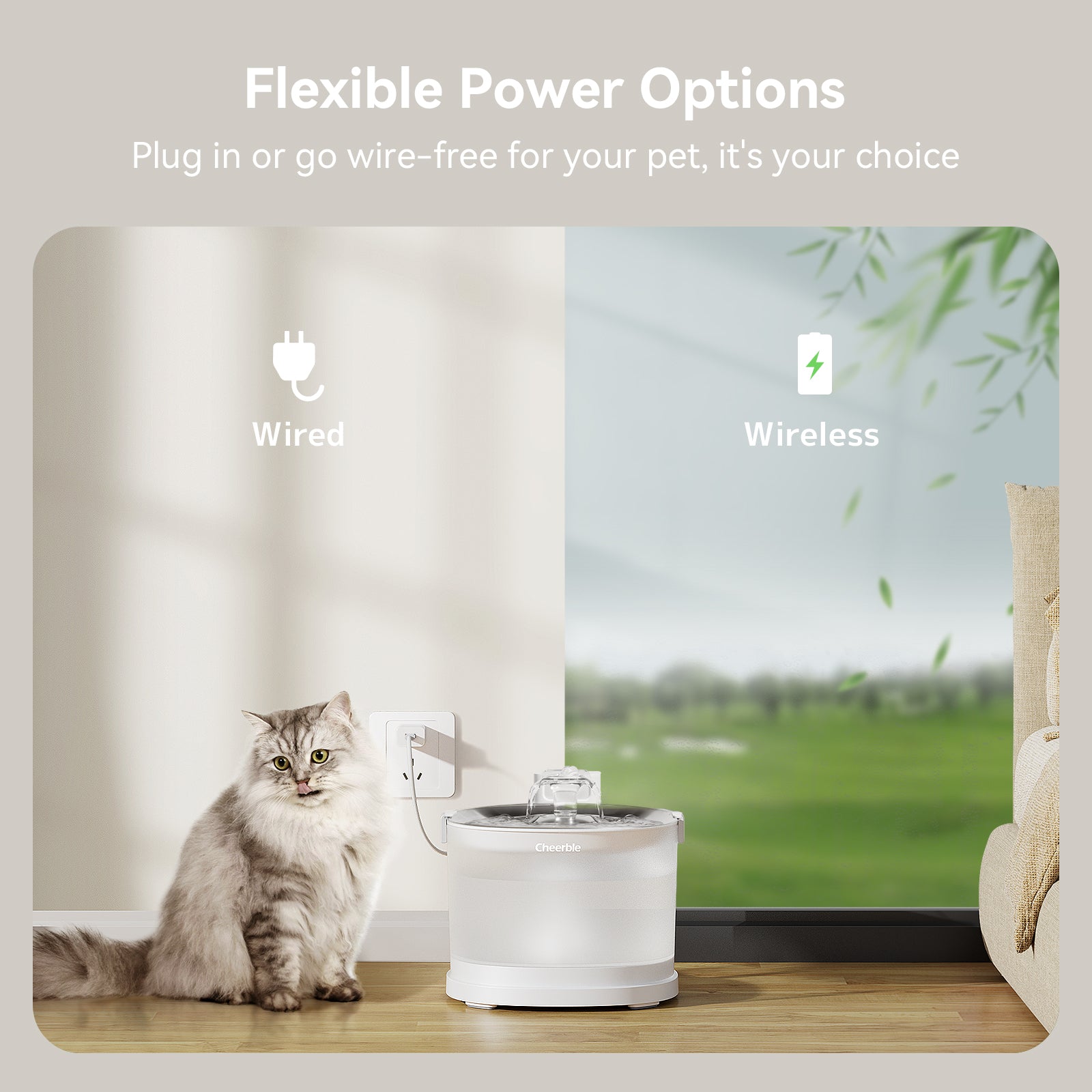 Cheerble Pet Fountain Elfin E1+ - Flexible Power Options: Wired or Wireless