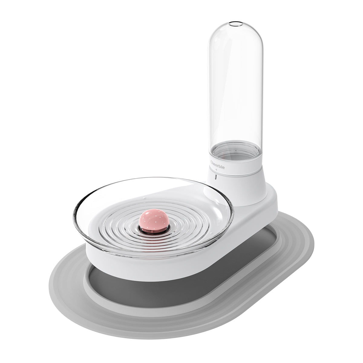 KittySpring Waterer 2 - Modern cat water fountain, with a glass dish and a water bottle on top