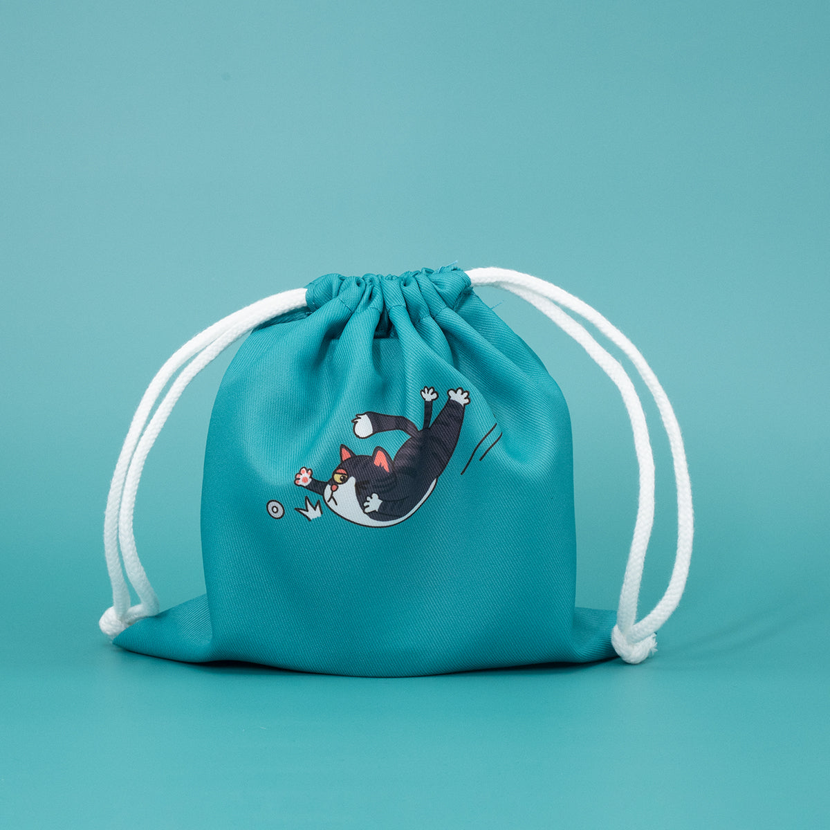 Cheerble turquoise drawstring gift pouch with cat illustration