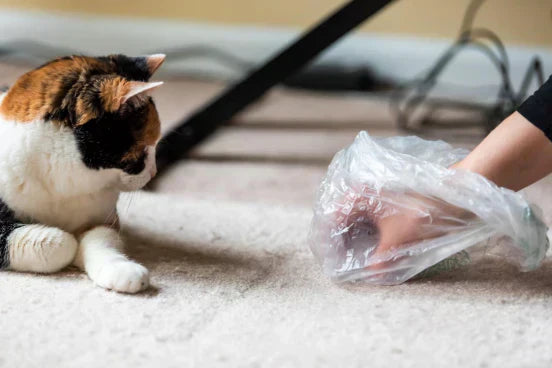 A calico cat lies on a beige carpet, intently watching a person's hand which is covered with a clear plastic bag