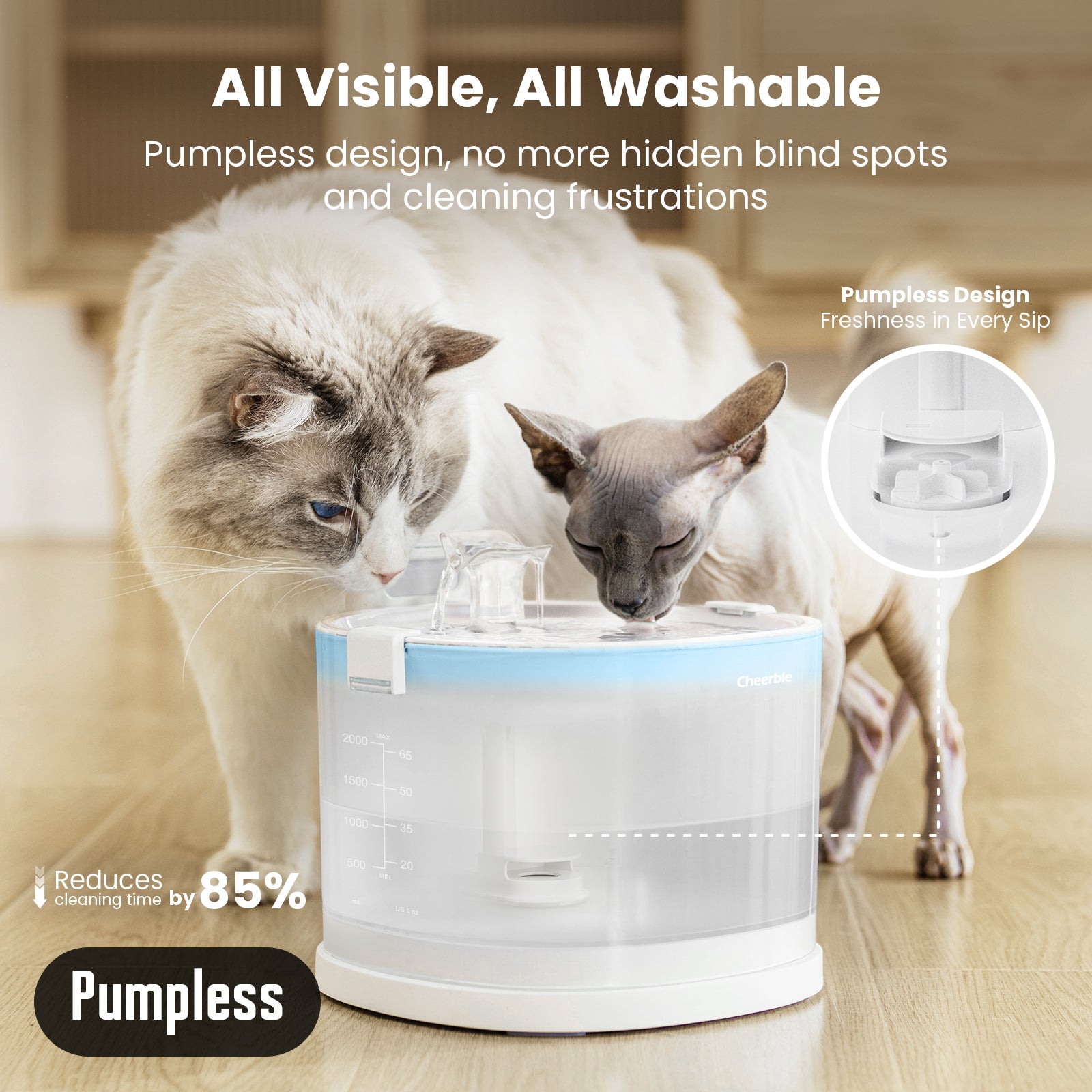 Cats drinking from Cheerble Pet Fountain Elfin E1 , pumpless design
